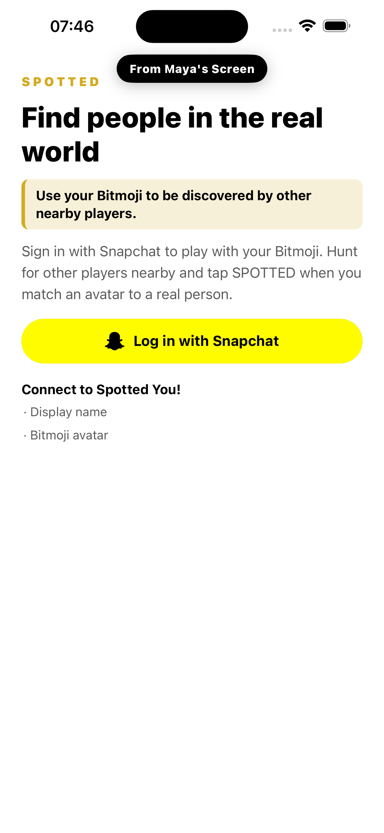 Spotted You! screenshot: Maya Snapchat login