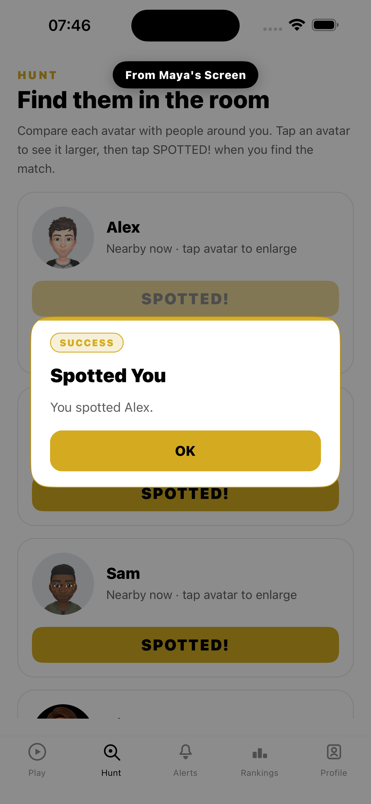 Spotted You! screenshot: Maya spotting Alex